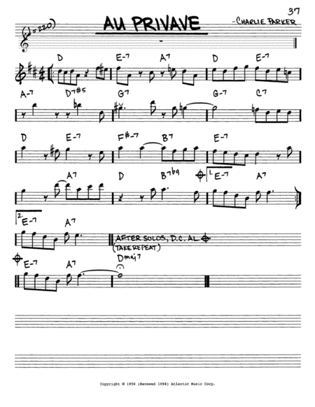 Lead Sheet 'Au Privave', Charlie Parker